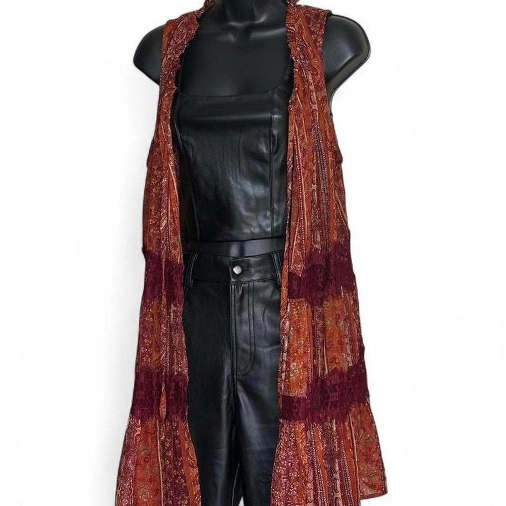 Paisley Floral Duster Medium Rust Excellent Boho Lace Ruffle Hippie Festival